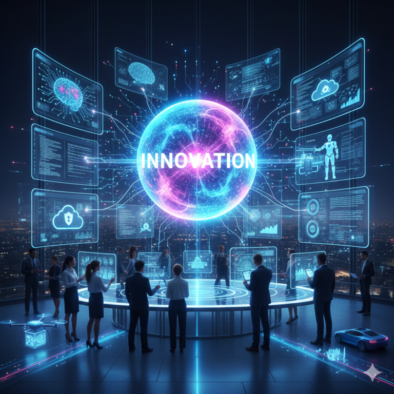 Diagram of innovation in modern technology featuring artificial intelligence, IoT devices, and cloud computing systems