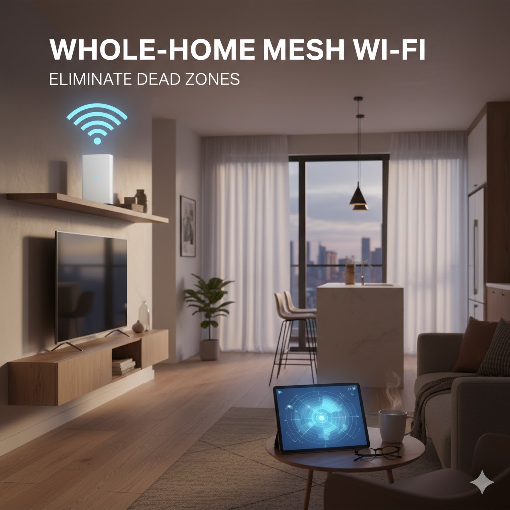  featuring a mesh Wi-Fi node elevated on a wall shelf to eliminate dead zones in a contemporary apartment