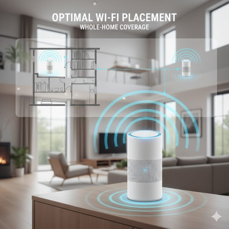 A high-quality featured image showing the best router placement in a house with a glowing Wi-Fi signal indicator and a digital floor plan overlay illustrating whole-home coverage.