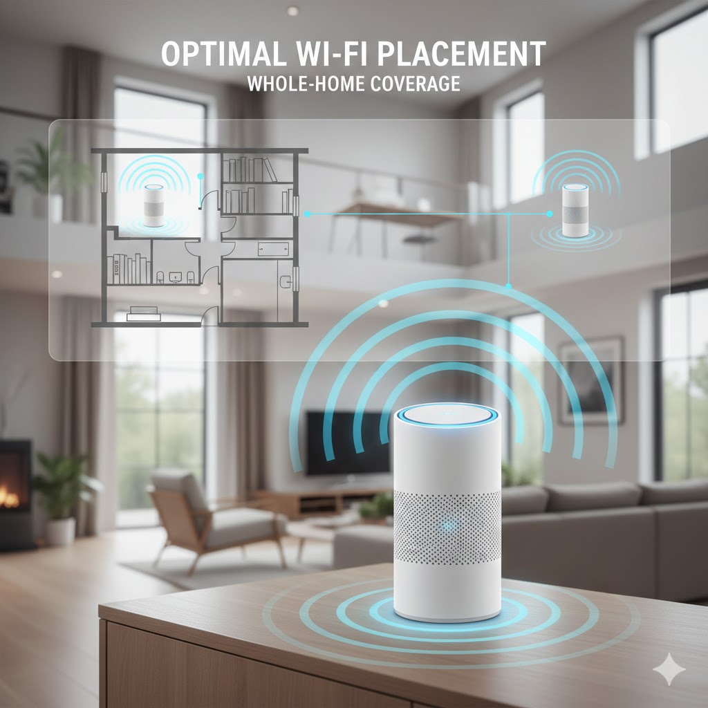A high-quality featured image showing the best router placement in a house with a glowing Wi-Fi signal indicator and a digital floor plan overlay illustrating whole-home coverage.