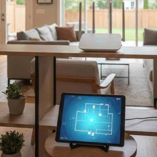  positioned centrally on a wooden shelf in an open-concept living room to ensure maximum signal coverage