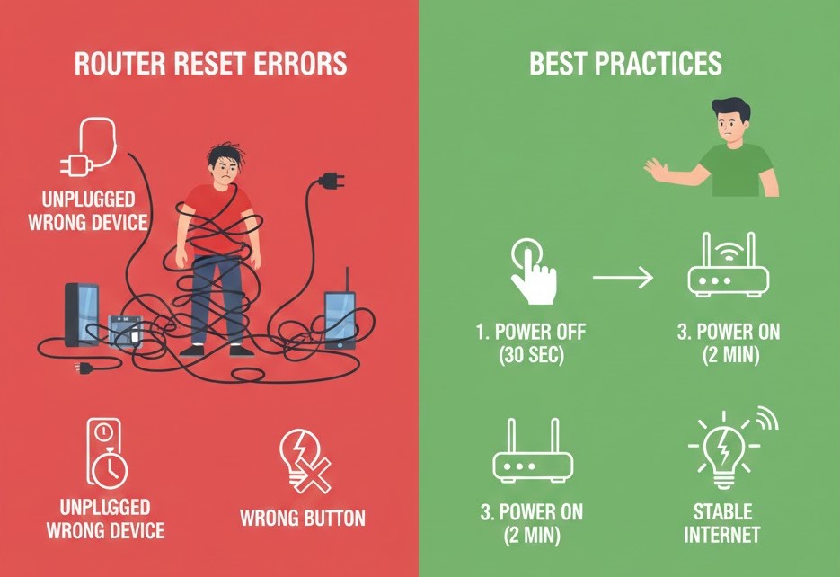 An infographic comparing router reset errors like "unplugging the wrong device" and "restarting too fast" against best practices including the 30-second power-off rule for stable internet.