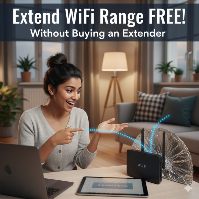 A woman pointing at a WiFi router with a DIY foil reflector to boost signal range without an extender.