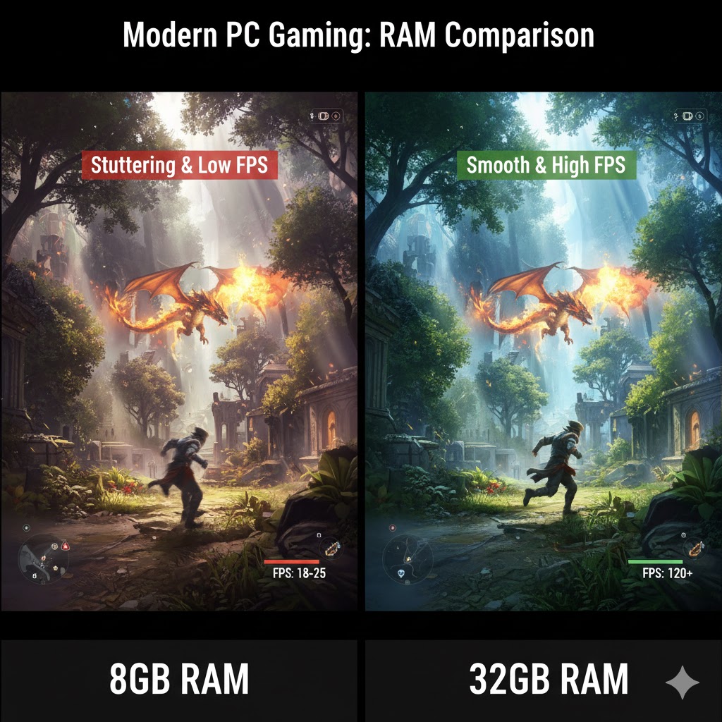 Comparison of gaming performance with low RAM vs high RAM in modern games