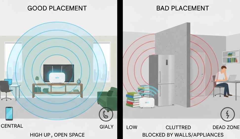 A comparison diagram of router placement in house, showing "Good Placement" in a central open area with clear signals, versus "Bad Placement" where the router is low, cluttered, and blocked by a refrigerator and walls.