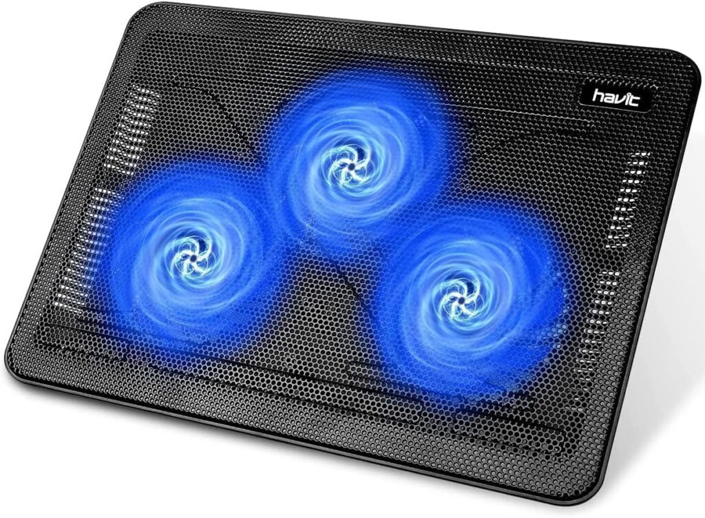 Havit HV-F2056 laptop cooling pad with three quiet fans, adjustable height, and dual USB ports for reducing laptop heat