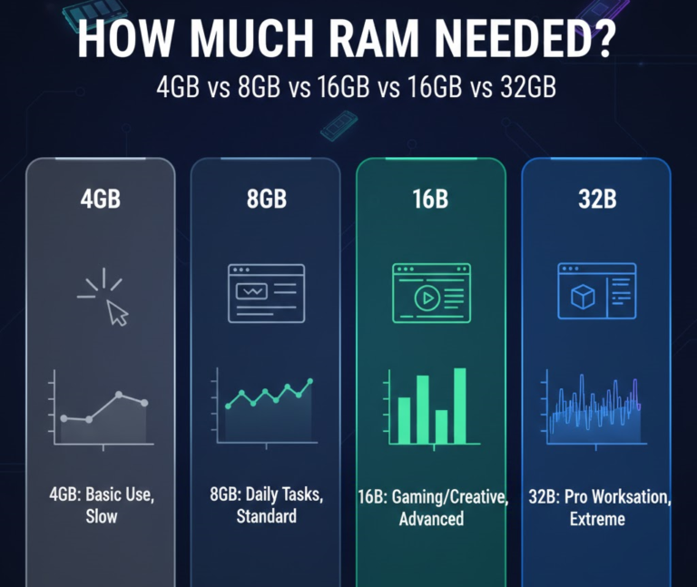 Comparison of 4GB, 8GB, 16GB, and 32GB RAM usage for gaming, multitasking, and professional workloads in 2026