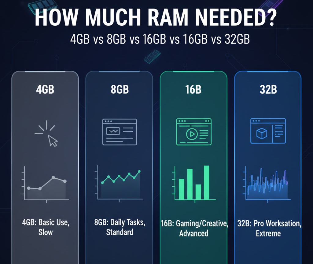 Comparison of 4GB, 8GB, 16GB, and 32GB RAM usage for gaming, multitasking, and professional workloads in 2026