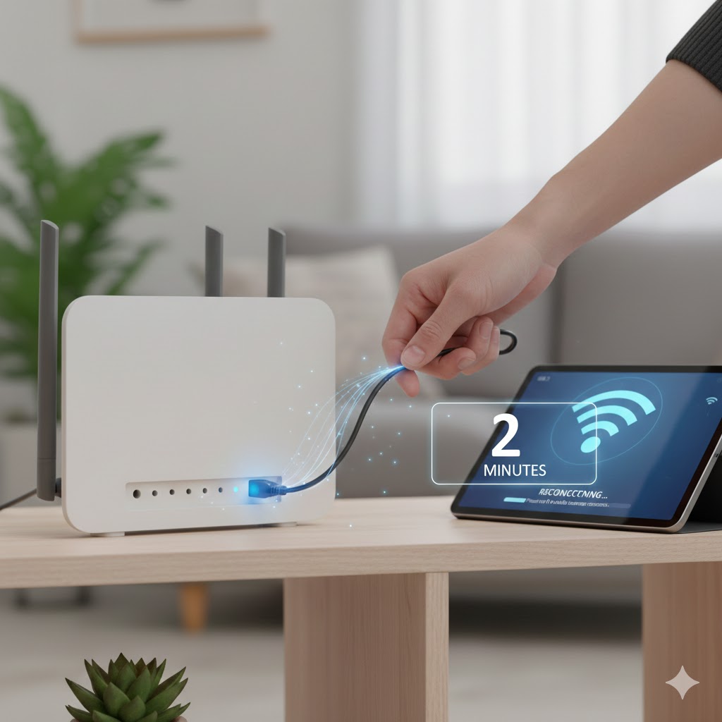A close-up photo showing a hand unplugging the power cable from a white Wi-Fi router to perform a manual restart, with a digital timer indicating the recommended waiting period for a successful power cycle