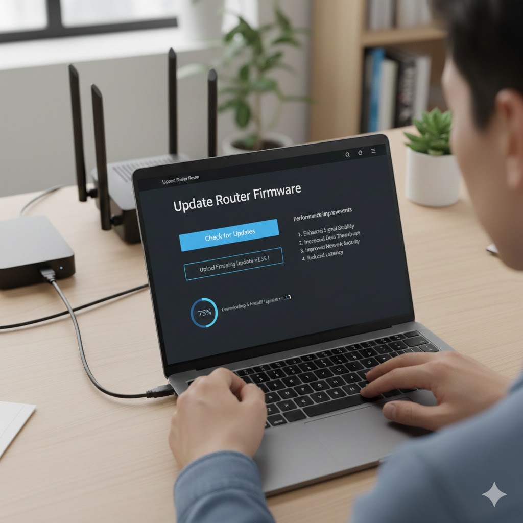 A person using a laptop to update router firmware to improve Wi-Fi signal stability and network security."