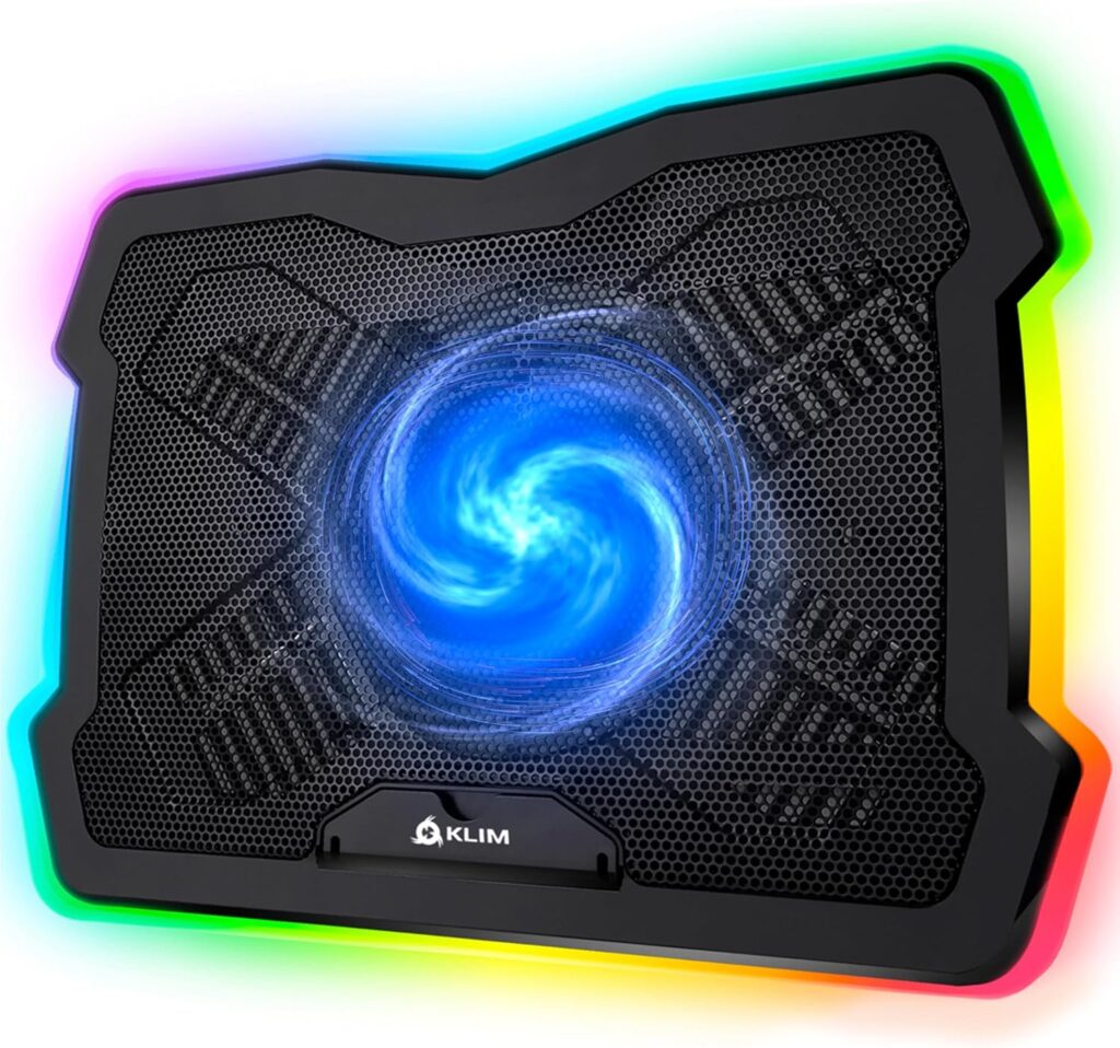 Klim Ultimate RGB laptop cooling pad with 200mm high-speed fan, RGB lighting, and adjustable speed for gaming laptops