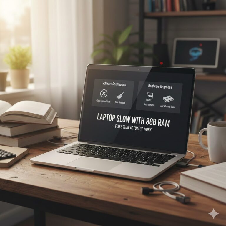 Laptop slow with 8GB RAM showing performance issues and tips to fix overheating, storage, and background apps