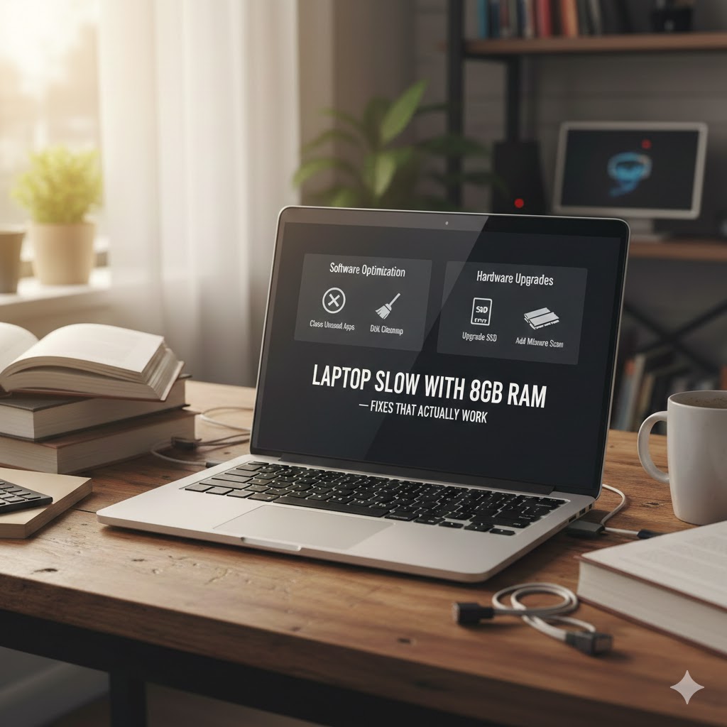 Laptop slow with 8GB RAM showing performance issues and tips to fix overheating, storage, and background apps