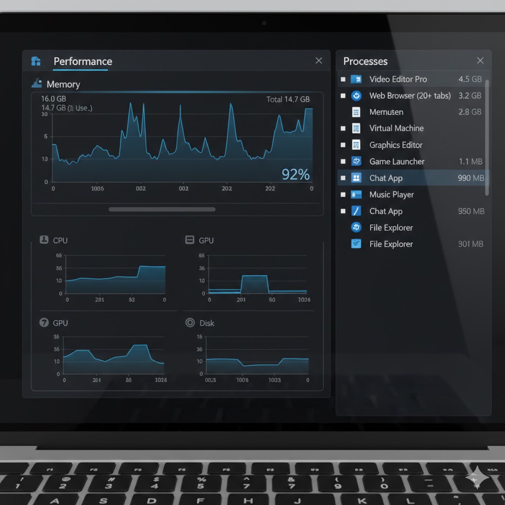 Laptop task manager showing memory usage with multiple apps open