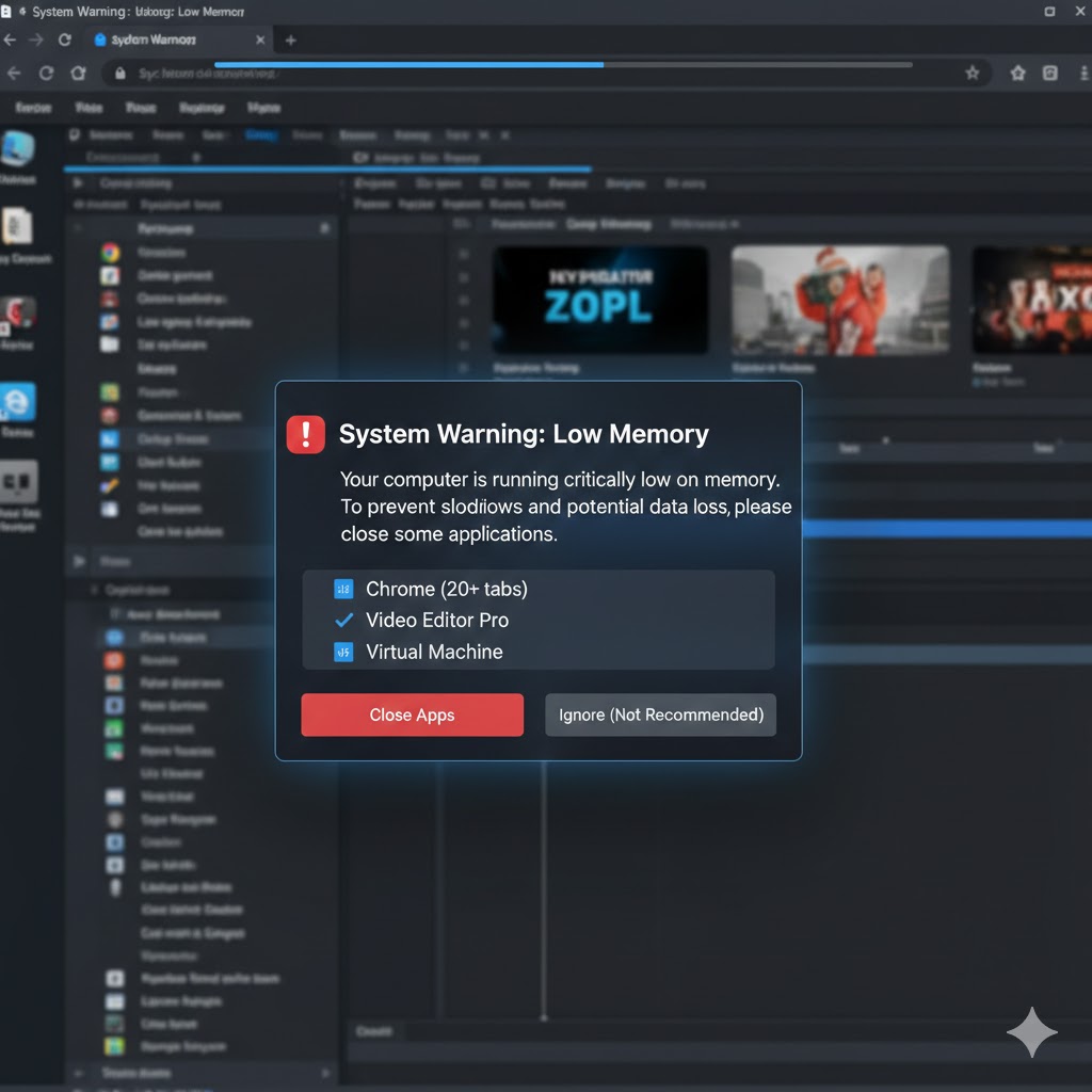 Laptop with low RAM warning showing 4GB memory usage