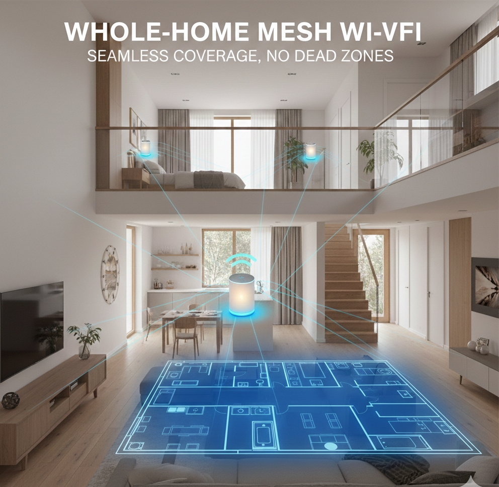 A digital floor plan visualization showing a mesh Wi-Fi system and proper router placement in house, featuring multiple interconnected nodes across two floors of a large, modern home for seamless coverage.
