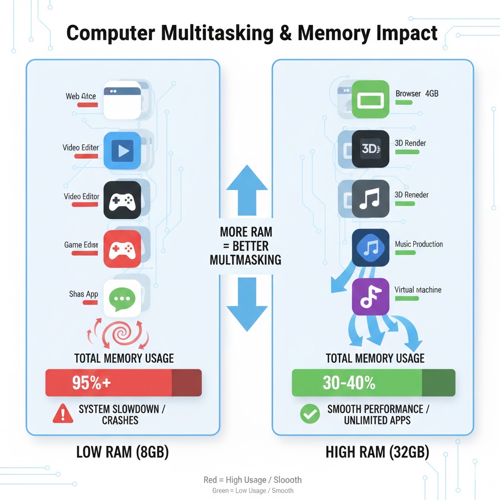 Diagram of multitasking on a computer and memory usage impact