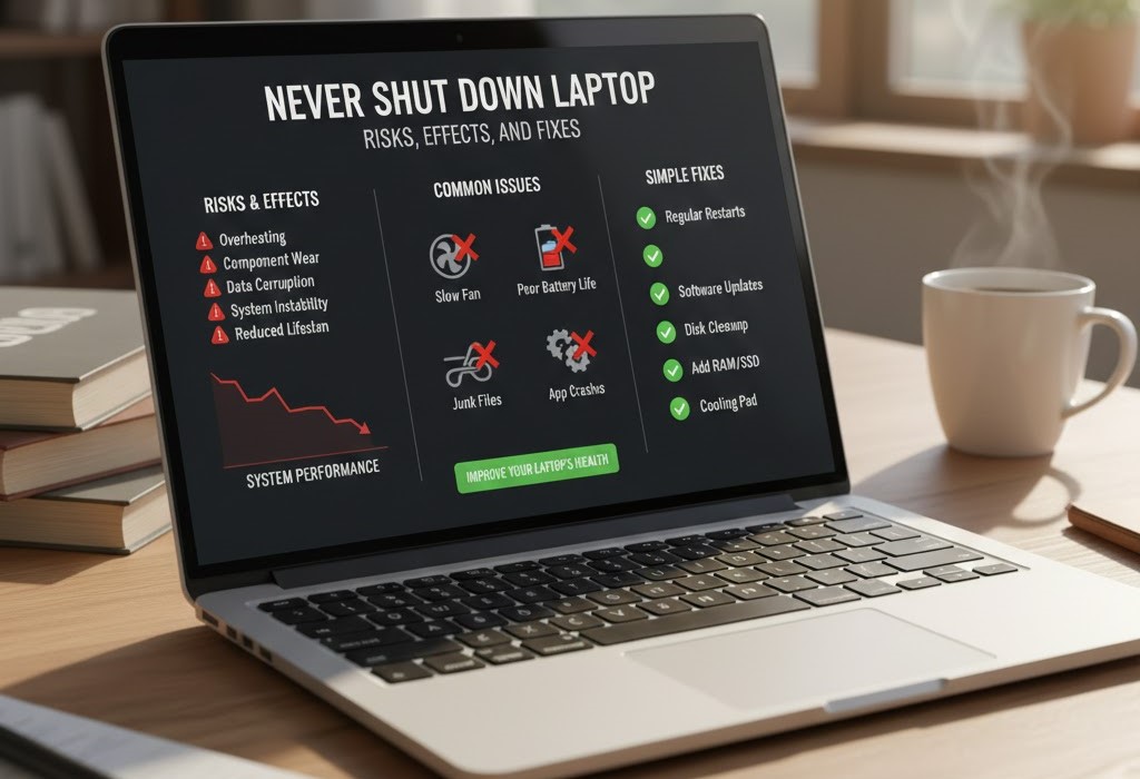 Never shut down laptop showing overheating, slow performance and why regular restart improves speed