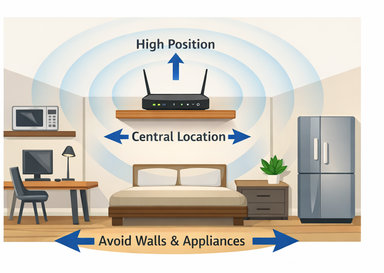 Optimal router placement in home showing central elevated position with signal coverage arrows; how to configure router