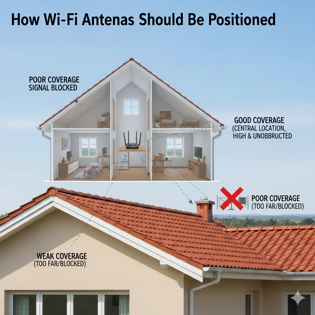 Cross-section of a house illustrating optimal central Wi-Fi router positioning for full coverage and weak signal areas caused by distance and walls; extend wifi range free