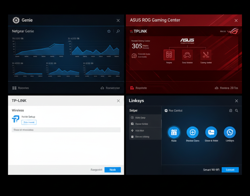 A collage showing the administrative dashboard interfaces for Netgear, TP-Link, Asus, and Linksys routers used for adjusting settings and performing a software reset.