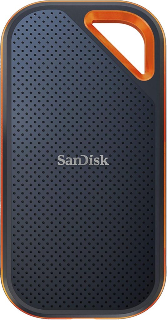 SanDisk Extreme PRO Portable SSD with NVMe speed, rugged IP65 water and dust resistance, ideal for professional content creators
