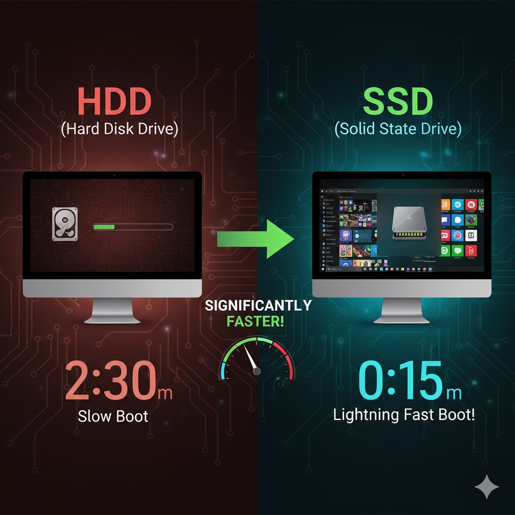 SSD vs HDD boot time comparison showing SSD boots significantly faster