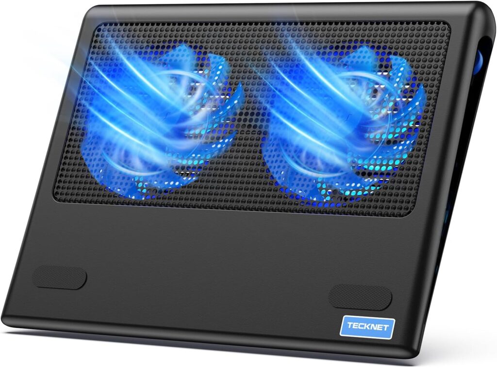 TeckNet N5 laptop cooling pad with two quiet fans, lightweight USB-powered design, and affordable cooling solution for laptops