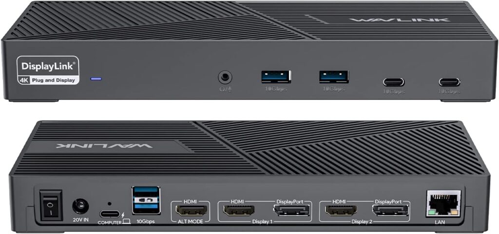 AVLINK DisplayLink docking station supporting triple monitor setup, USB-C connectivity, and efficient workstation productivity