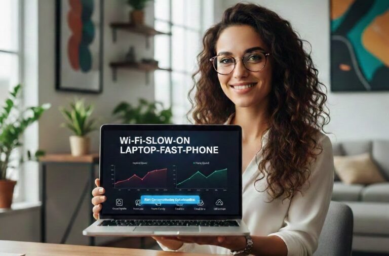 Laptop Wi-Fi slow while phone Wi-Fi is fast, showing troubleshooting tips and fixes for Windows 10 and 11