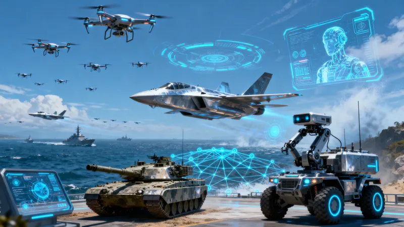 AI-powered military drone conducting autonomous reconnaissance and strike operations on a battlefield