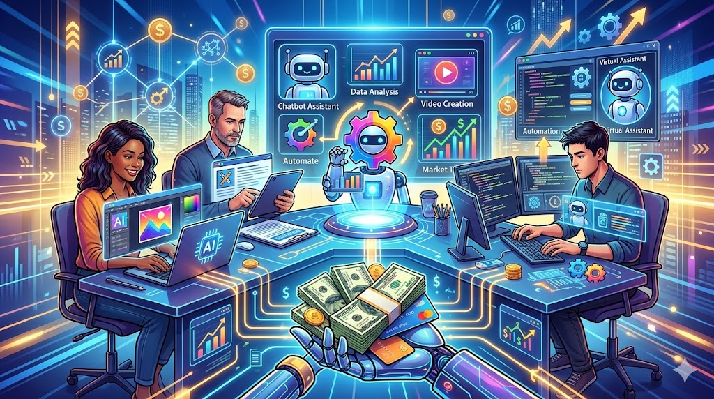 AI tools to make money online in 2026 concept with laptop, digital workspace, and futuristic AI interface