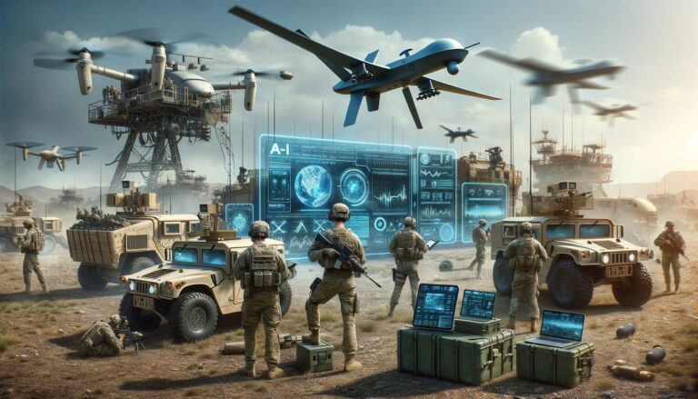 Artificial intelligence in modern military conflicts showing drones, autonomous vehicles, and cyber warfare technologies