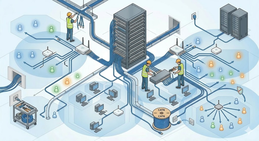 Ethernet cables properly installed and organized in a small office network setup