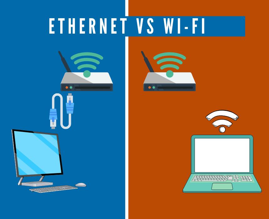 Ethernet vs Wi-Fi comparison showing differences in speed stability and latency