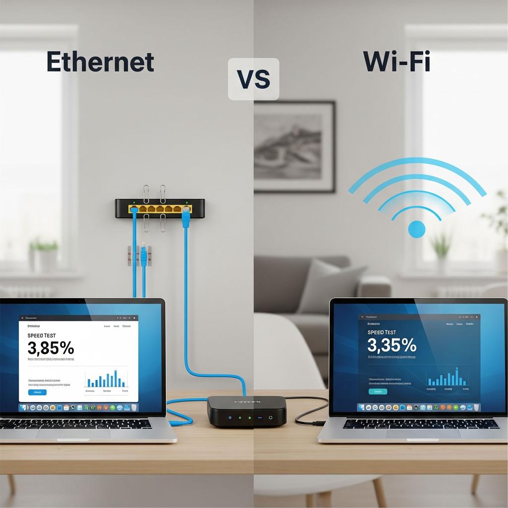 Ethernet vs Wi-Fi comparison showing wired internet connection and wireless signal performance differences