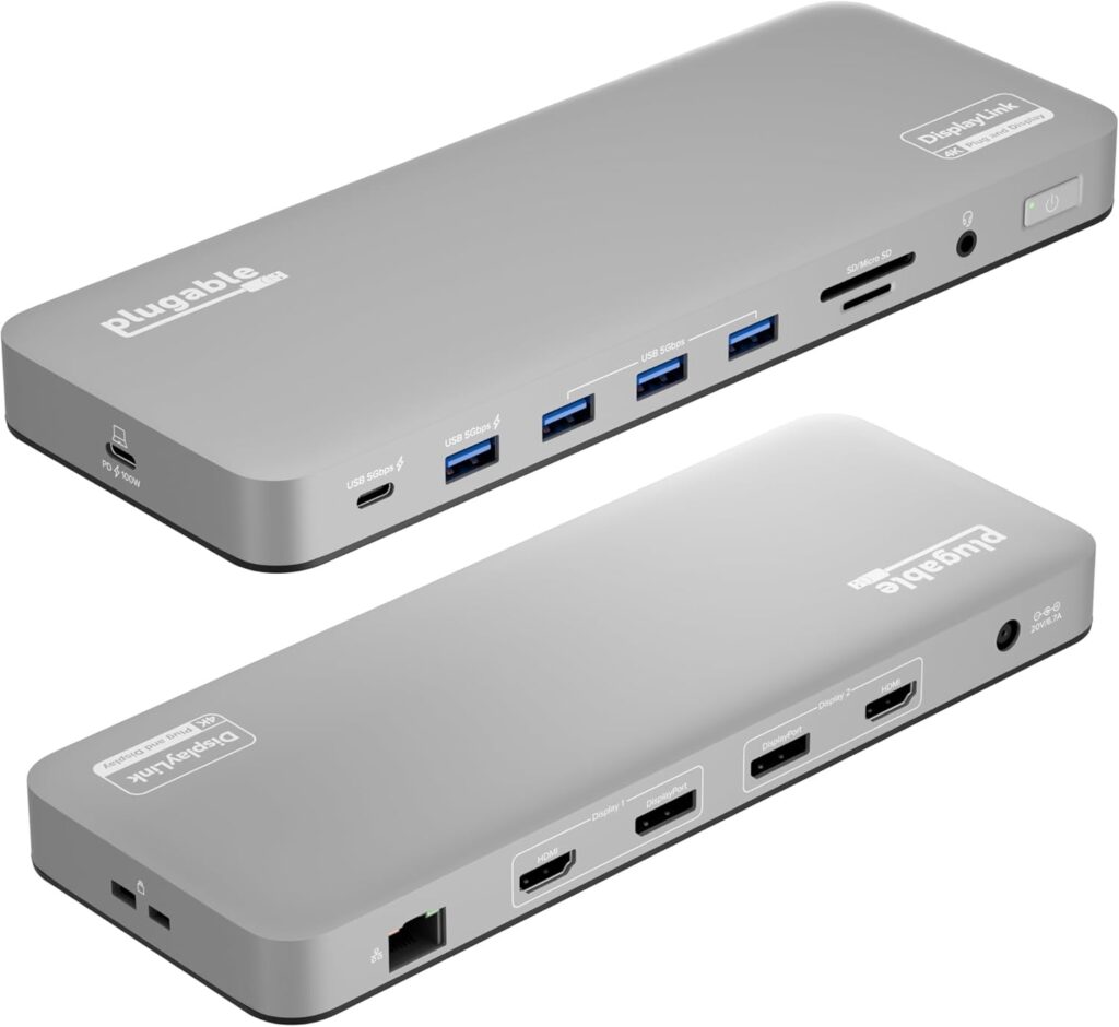 Plugable USB-C docking station with dual HDMI output and Ethernet connectivity for laptops