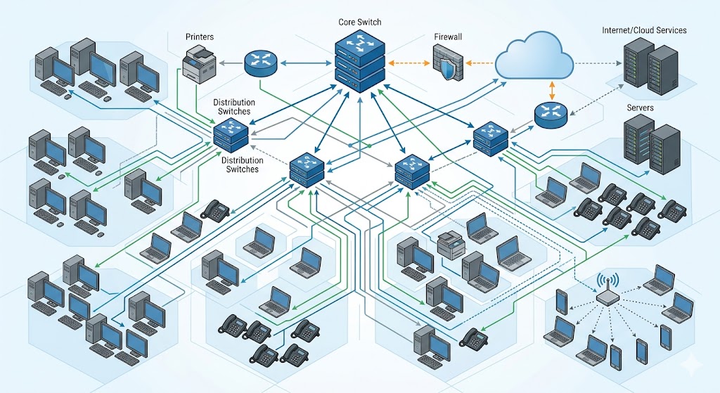 diagram with router, switch, Ethernet cables, and WiFi