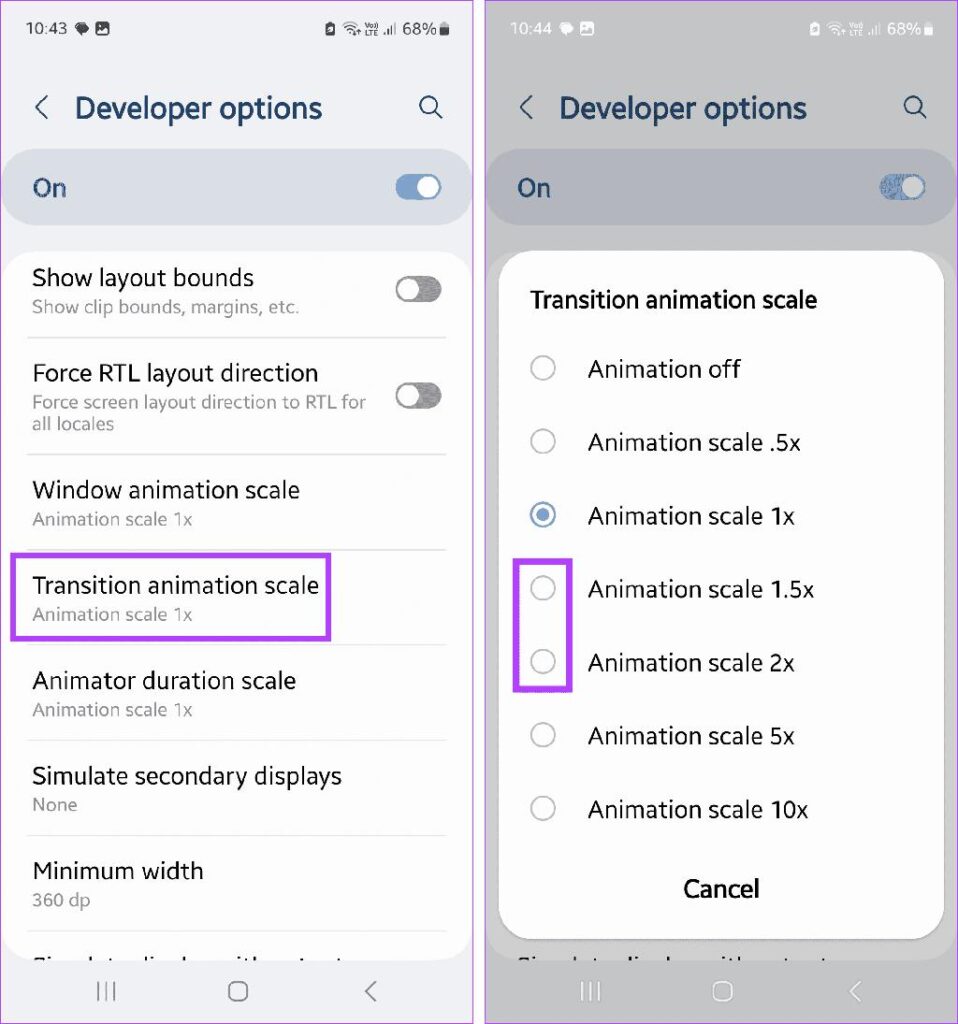 reducing animation scale in Android developer options to improve speed