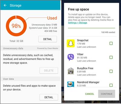android phone showing low storage warning affecting performance